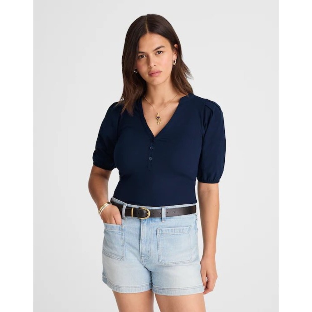 Madewell Midnight Navy Blue Puff-Sleeve Henley‎ Knit Top NW195 XS New